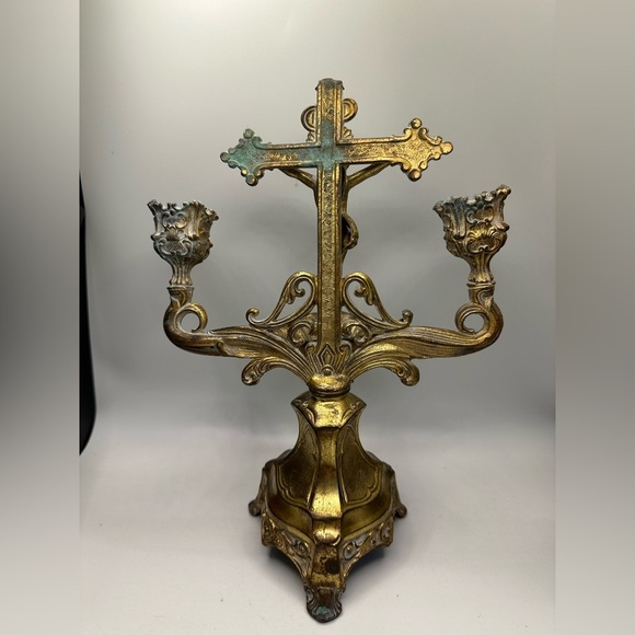 Altar Brass Jesus Christ Crucifix Cross Candle Holder Holy Water Dish Catholic - Picture 2 of 4